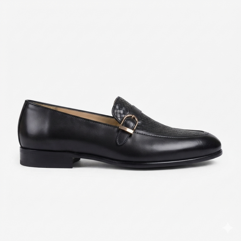 The Milano Prestige Handcrafted Black Leather Loafers with Intricate Woven Vamp Detailing and Elegant Gold Buckle Accents for Men
