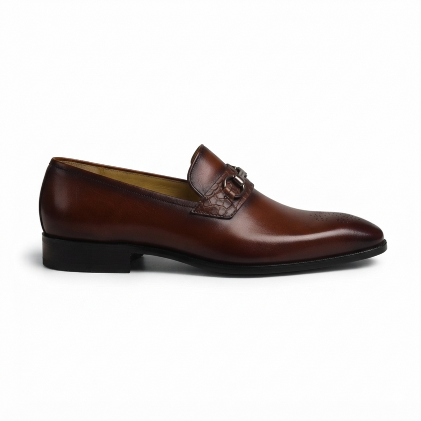 The Firenze Handcrafted Chestnut Leather Horsebit Loafers with Croc-Embossed Strap Detailing for Men