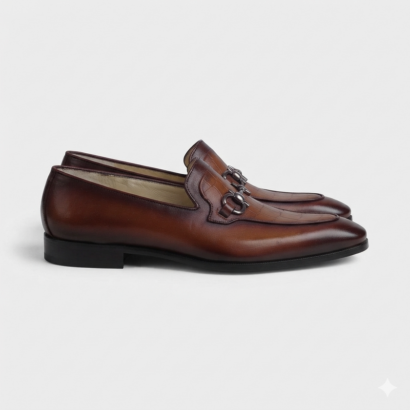 The Bellarivo Handcrafted Chestnut Croc-Embossed Leather Horsebit Loafers for Men
