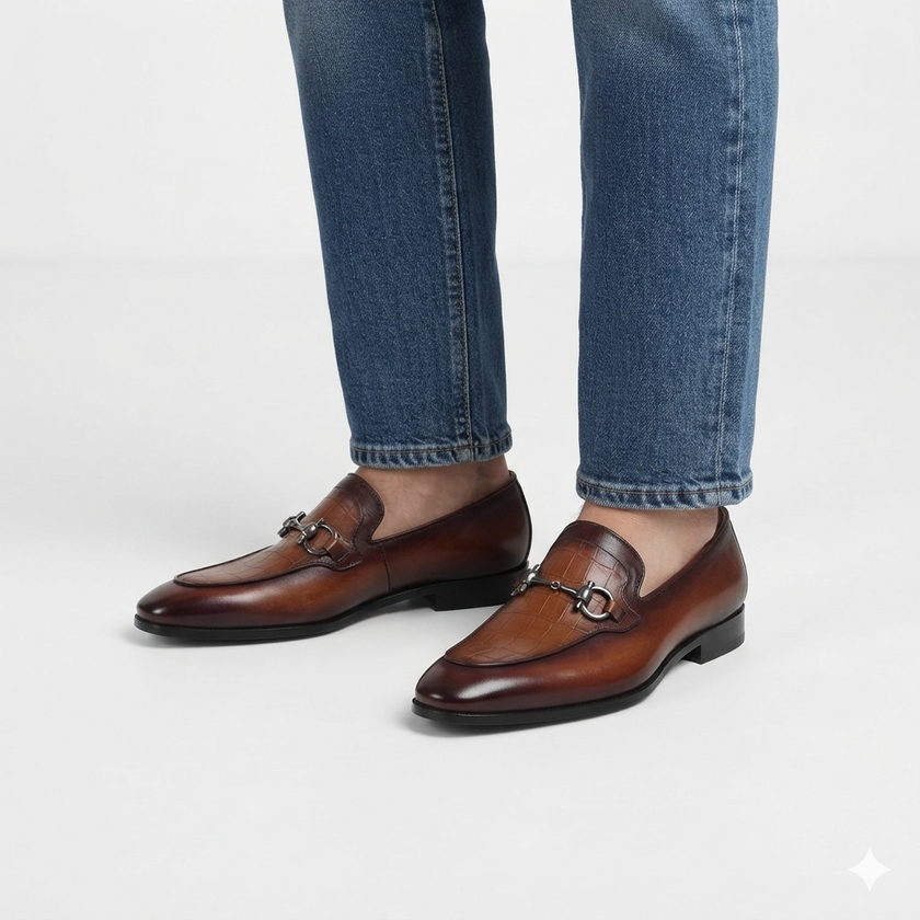 The Bellarivo Handcrafted Chestnut Croc-Embossed Leather Horsebit Loafers for Men