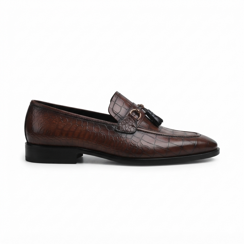 The Valenza Croco Embossed Brown Leather Loafers with Intricate Woven Vamp Detailing and Elegant Gold Buckle Accents for Men