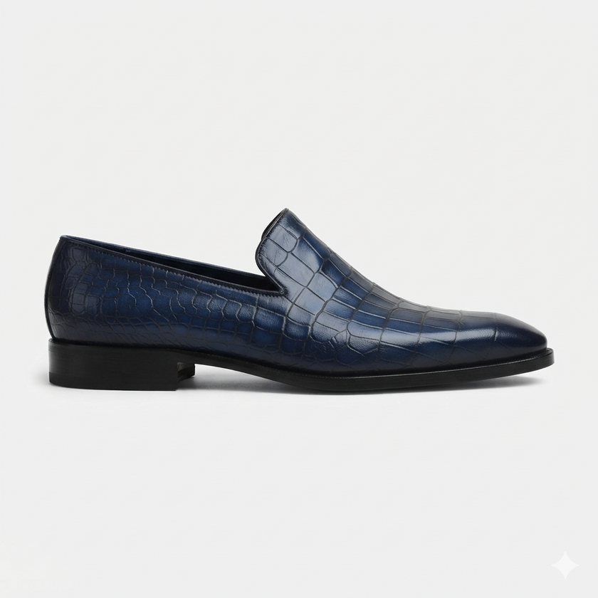 The Monteluce Handcrafted Midnight Navy Croc-Embossed Leather Penny Loafers for Men