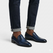 The Monteluce Handcrafted Midnight Navy Croc-Embossed Leather Penny Loafers for Men