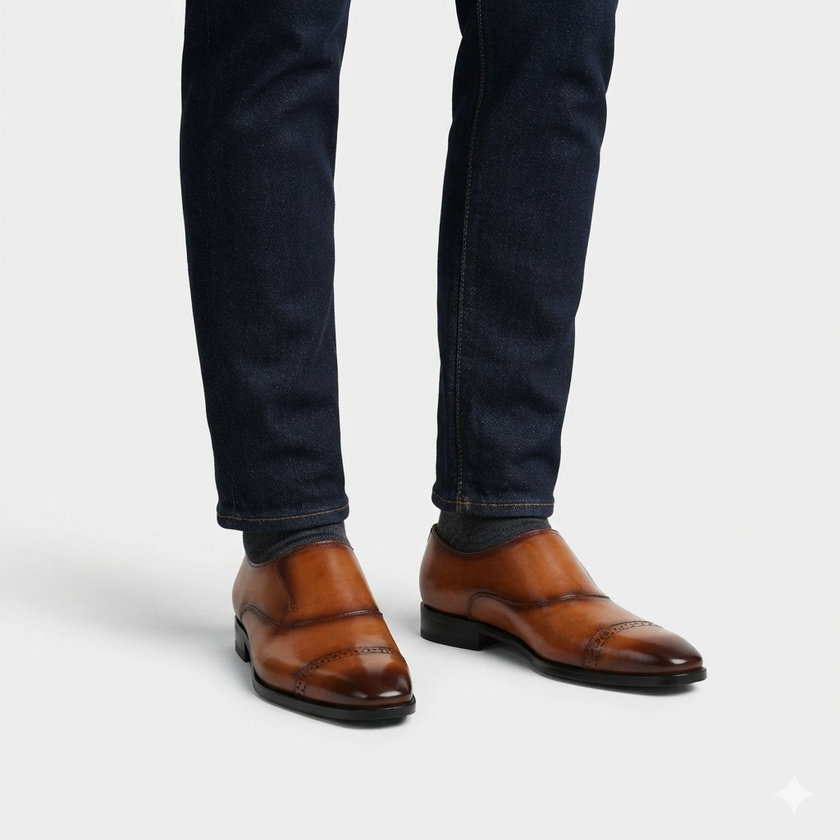 The Valerio Handcrafted Cognac Leather Cap-Toe Brogue Loafers for Men