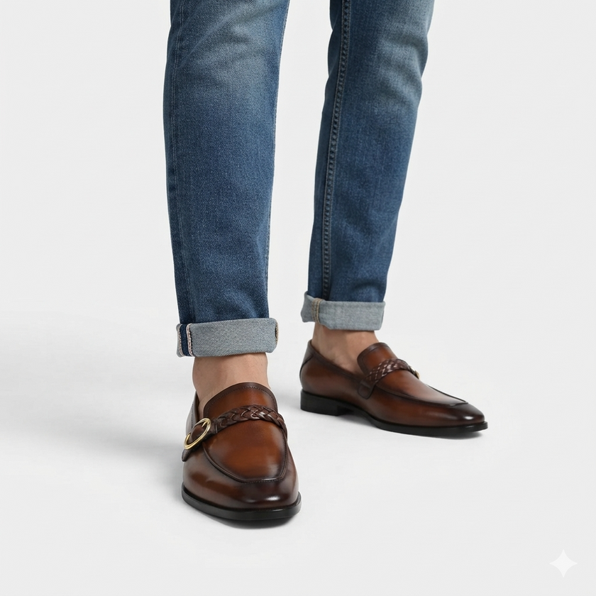 The Lucerno Handcrafted Dark Brown Leather Braided Strap Ring Loafers for Men
