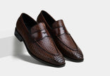 The Ravello Handcrafted Dark Brown Woven Leather Penny Loafers with Apron Toe for Men