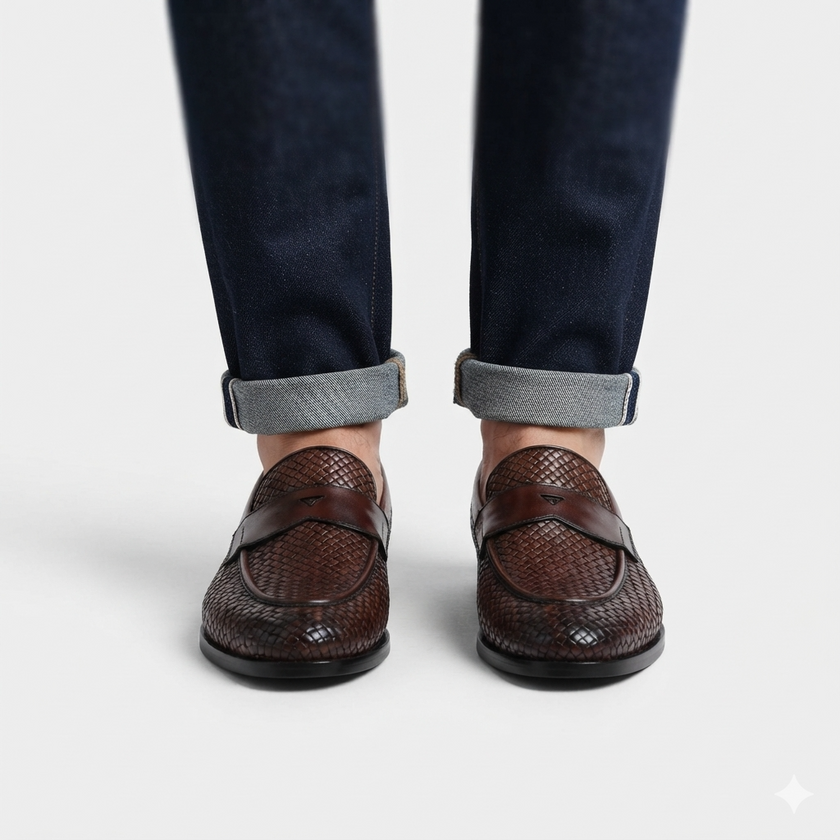 The Ravello Handcrafted Dark Brown Woven Leather Penny Loafers with Apron Toe for Men