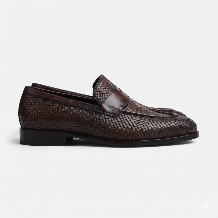 The Ravello Handcrafted Dark Brown Woven Leather Penny Loafers with Apron Toe for Men