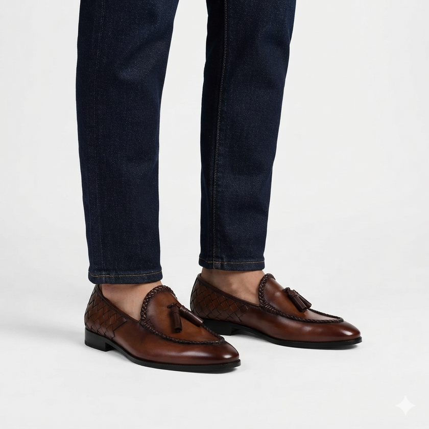 The Rimini Handcrafted Chestnut Leather Braided Tassel Loafers with Woven Heel for Men