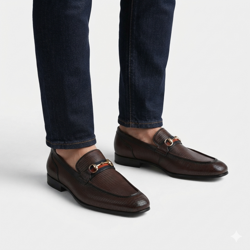 The Torino Signature Brown Textured Leather Loafers with Polished Gold Tone Horsebit Hardware and Refined Apron Stitching for Men
