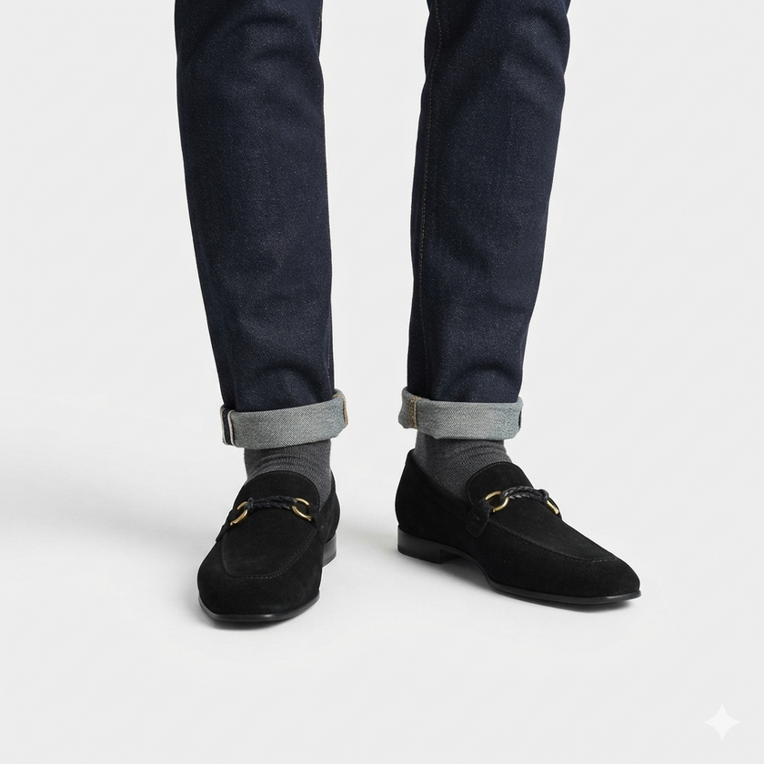 The Verona Noir Black Suede Loafers with Braided Leather Cord Detailing and Elegant Antique Gold Horsebit Hardware for Men