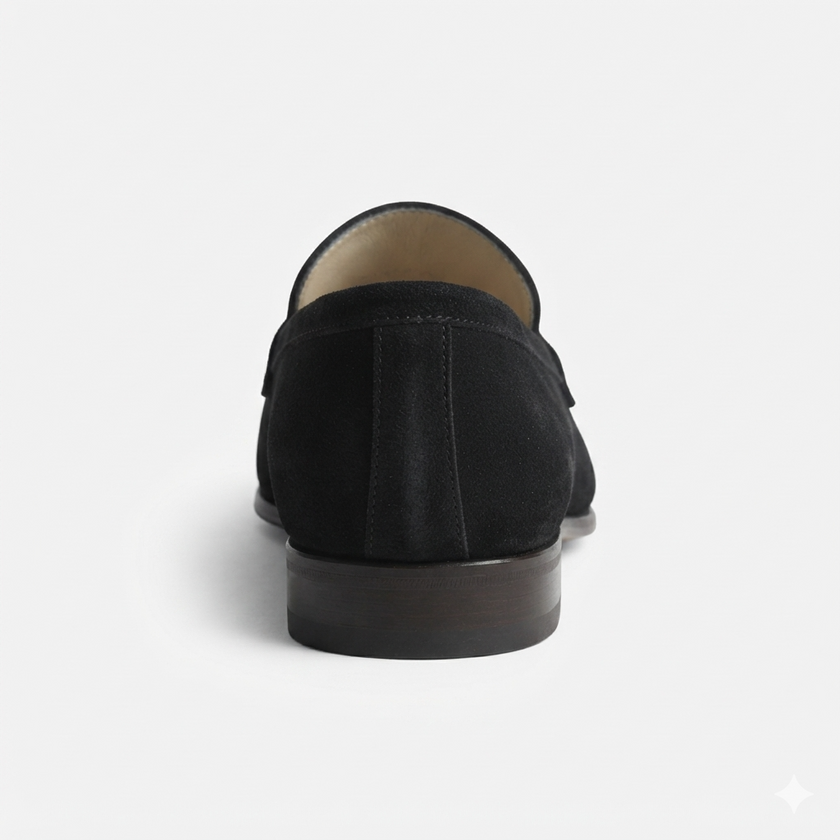 The Verona Noir Black Suede Loafers with Braided Leather Cord Detailing and Elegant Antique Gold Horsebit Hardware for Men