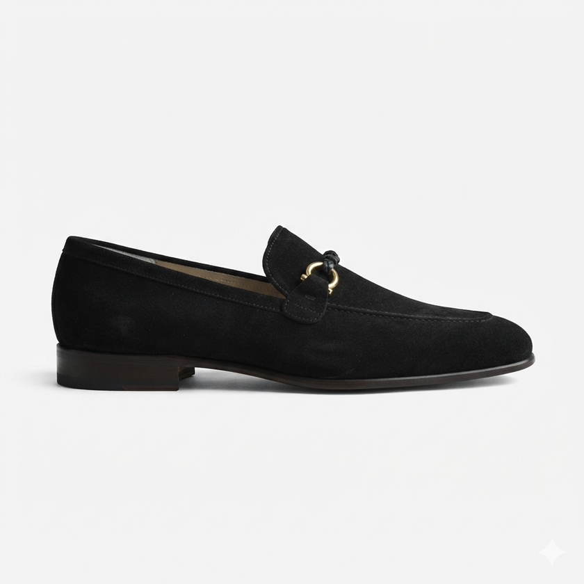 The Verona Noir Black Suede Loafers with Braided Leather Cord Detailing and Elegant Antique Gold Horsebit Hardware for Men