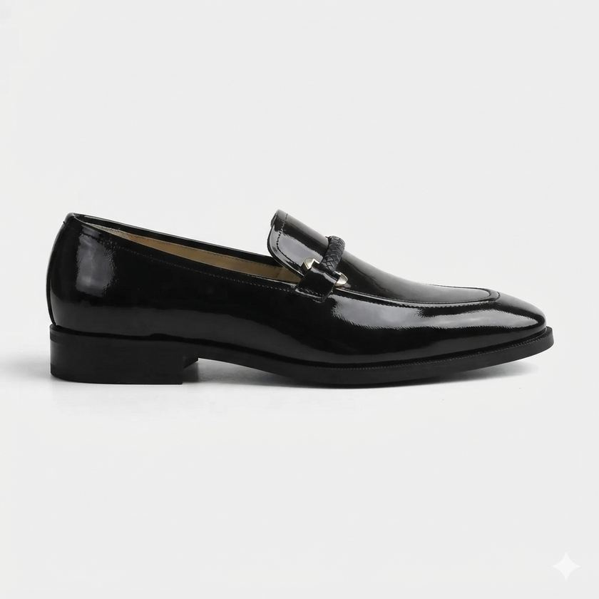 The Blackstone Royale Patent Leather Loafers with Hand Braided Vamp Detailing and Refined Gold Tone Embellishments for Men