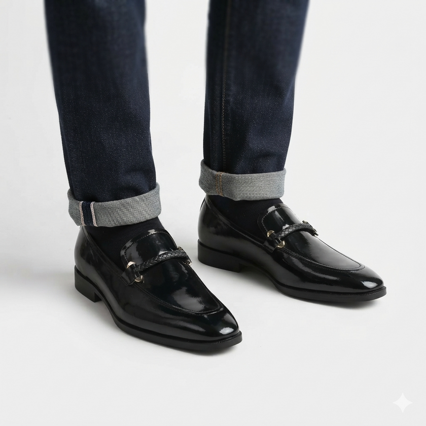 The Blackstone Royale Patent Leather Loafers with Hand Braided Vamp Detailing and Refined Gold Tone Embellishments for Men