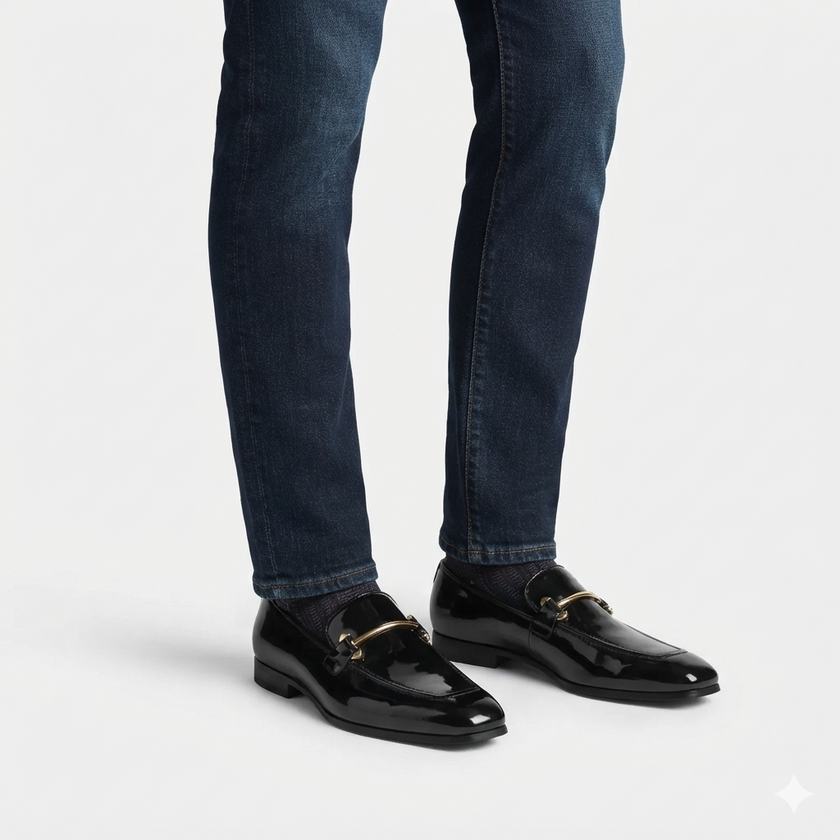 The Windsor Royale Gloss Leather Loafers with Signature Gold Bar Hardware and Sleek Contemporary Silhouette for Men