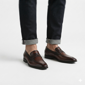 The Verona Prestige Dark Brown Leather Penny Loafers with Refined Cross Strap Detailing and Sleek Contemporary Silhouette for Men