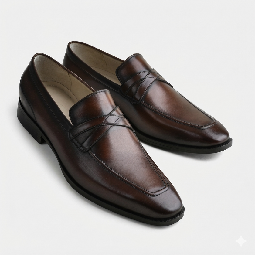 The Verona Prestige Dark Brown Leather Penny Loafers with Refined Cross Strap Detailing and Sleek Contemporary Silhouette for Men
