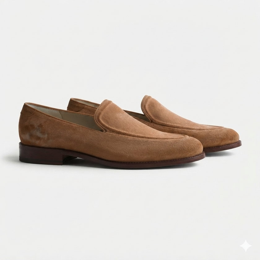 The Florence Heritage Suede Loafers in Warm Camel Brown with Elegant Apron Stitching and a Refined Italian Inspired Silhouette for Men