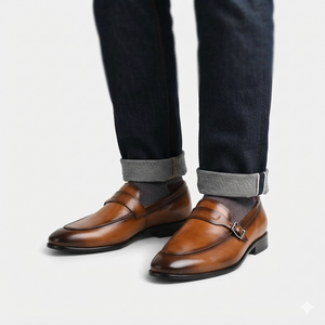 The Torino Signature Chestnut Leather Loafers with Elegant Penny Strap Styling, Refined Side Buckle Accent and Sleek Executive Profile for Men