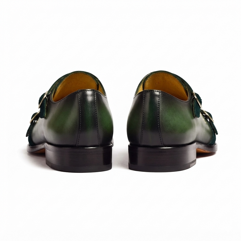 The Verona Verde Handcrafted Olive Green Leather and Navy Suede Double Monk Strap Shoes for Men