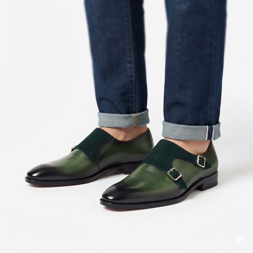 The Verona Verde Handcrafted Olive Green Leather and Navy Suede Double Monk Strap Shoes for Men