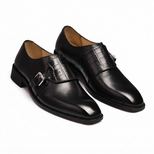 Verona black croc-embossed leather monk strap shoes for men