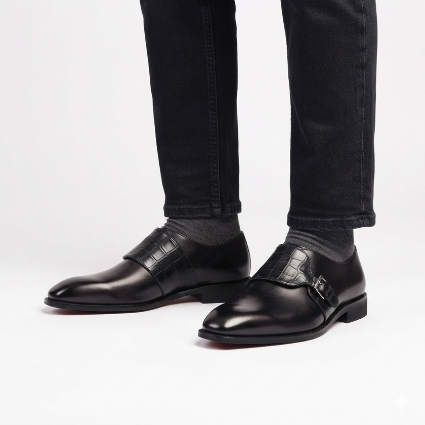 The Verona Noir  Handcrafted Black Leather Monk Strap Shoes with Crocodile-Embossed Leather Detailing for Men