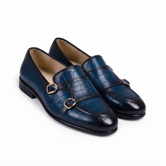 The Monaco Double Monk Strap Loafers  Handcrafted Navy Blue Crocodile-Embossed Leather Loafers with Dual Gold-Tone Buckles for Men