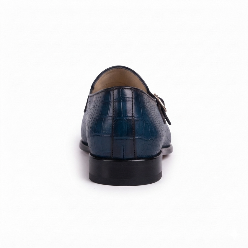 The Monaco Double Monk Strap Loafers  Handcrafted Navy Blue Crocodile-Embossed Leather Loafers with Dual Gold-Tone Buckles for Men