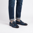 The Monaco Double Monk Strap Loafers  Handcrafted Navy Blue Crocodile-Embossed Leather Loafers with Dual Gold-Tone Buckles for Men