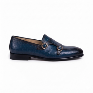The Monaco Double Monk Strap Loafers  Handcrafted Navy Blue Crocodile-Embossed Leather Loafers with Dual Gold-Tone Buckles for Men