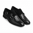 The Milano Noir Double Monk Strap Shoes – Black Crocodile-Embossed Leather Monk Straps with Elegant Silver Tone Buckles and Refined Suede Detailing for Men
