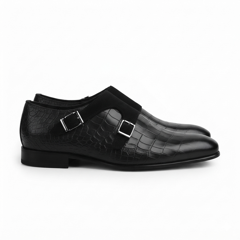 Milano black suede double monk strap shoes for men