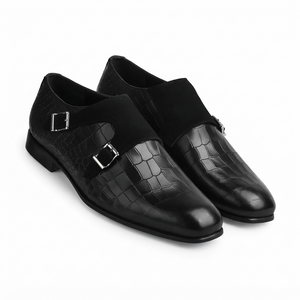 The Milano Noir Double Monk Strap Shoes – Black Crocodile-Embossed Leather Monk Straps with Elegant Silver Tone Buckles and Refined Suede Detailing for Men