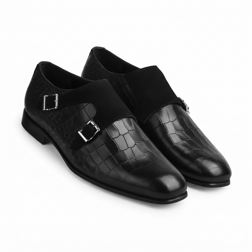 The Milano Noir Double Monk Strap Shoes – Black Crocodile-Embossed Leather Monk Straps with Elegant Silver Tone Buckles and Refined Suede Detailing for Men