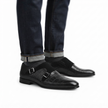 The Milano Noir Double Monk Strap Shoes – Black Crocodile-Embossed Leather Monk Straps with Elegant Silver Tone Buckles and Refined Suede Detailing for Men