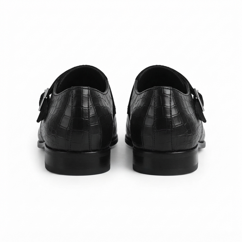 The Milano Noir Double Monk Strap Shoes – Black Crocodile-Embossed Leather Monk Straps with Elegant Silver Tone Buckles and Refined Suede Detailing for Men