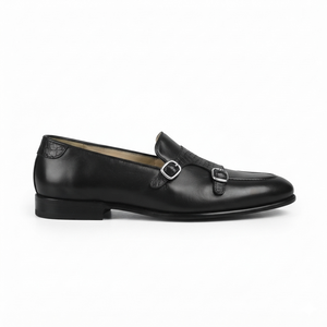 The Verona Noir Double Monk Strap Loafers – Black Leather Loafers with Crocodile-Embossed Strap Detailing, Polished Silver-Tone Buckles and Elegant Apron Toe for Men