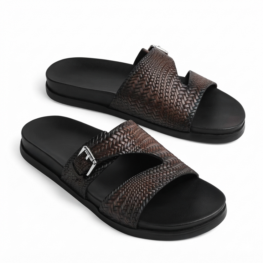 The Tuscan Espresso Handcrafted Dark Brown Woven Leather Double-Band Slide Sandals for Men