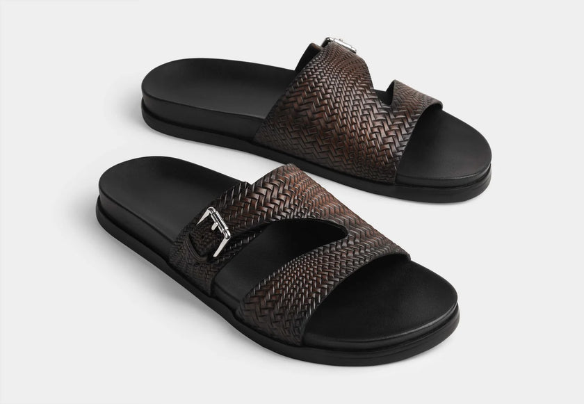The Tuscan Espresso Handcrafted Dark Brown Woven Leather Double-Band Slide Sandals for Men