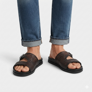 The Tuscan Espresso Handcrafted Dark Brown Woven Leather Double-Band Slide Sandals for Men
