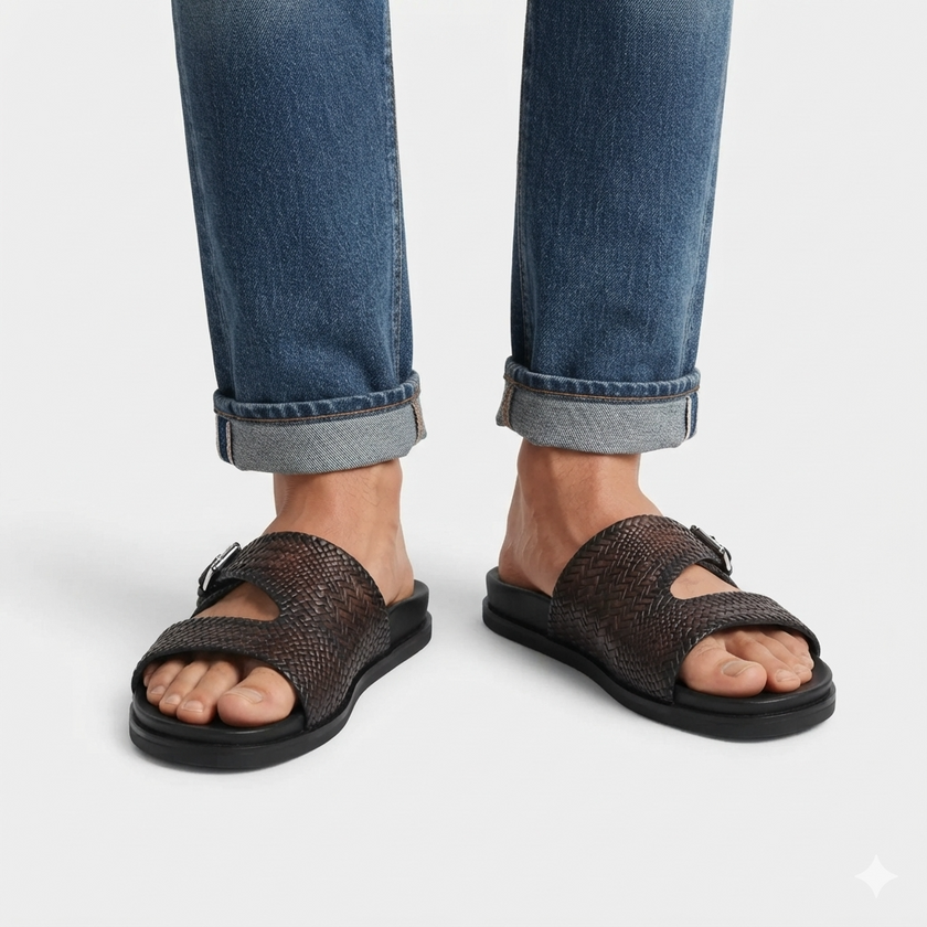The Tuscan Espresso Handcrafted Dark Brown Woven Leather Double-Band Slide Sandals for Men