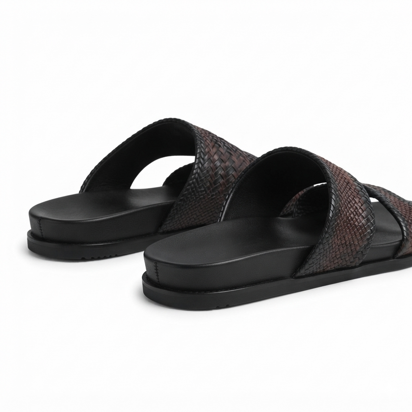 The Tuscan Espresso Handcrafted Dark Brown Woven Leather Double-Band Slide Sandals for Men