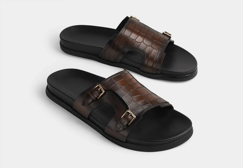 The Milano Brown Handcrafted Crocodile-Embossed Leather Double Strap Sandals for Men