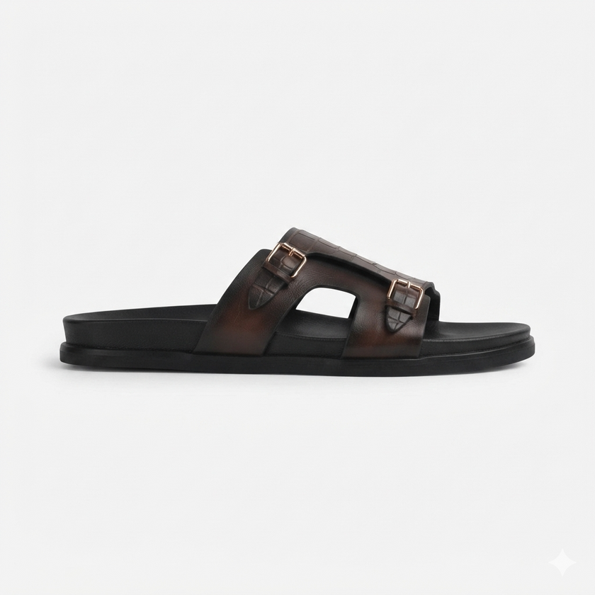 The Milano Brown Handcrafted Crocodile-Embossed Leather Double Strap Sandals for Men