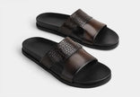 The Milano Espresso Handcrafted Brown Leather and Crocodile-Embossed Open-Toe Slide Sandals for Men