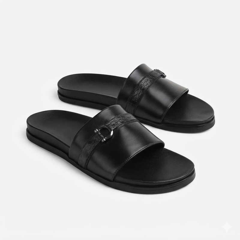 The Milano Noir Handcrafted Black Leather Crocodile-Embossed Strap Sandals for Men
