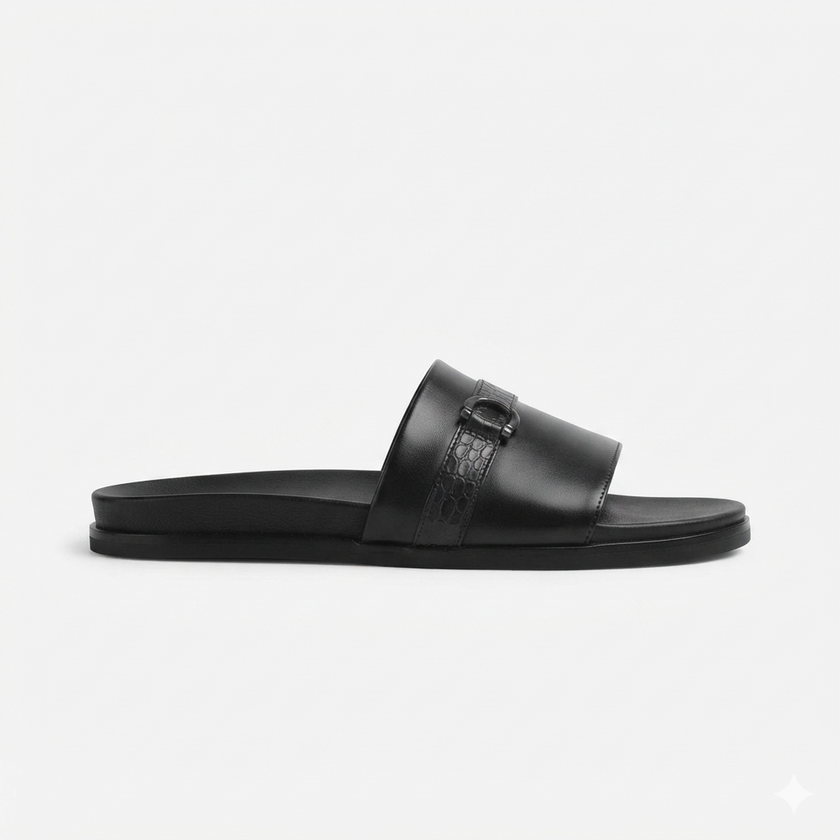 The Milano Noir Handcrafted Black Leather Crocodile-Embossed Strap Sandals for Men