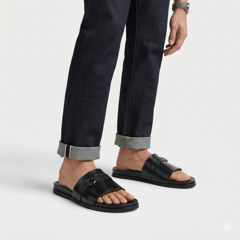 The Milano Noir Handcrafted Black Leather Crocodile-Embossed Strap Sandals for Men